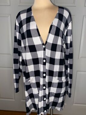 Woman Within Black and White Buffalo Check Knit Cardigan, V-neck, Plaid Hipster